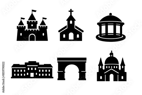 Classic Building Icons. Solid style icons of Classic Buildings: castle triangle, church cross, gazebo circle, palace rectangle,