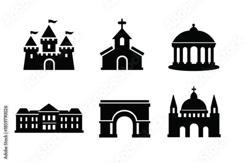 Classic Building Icons. Solid style icons of Classic Buildings: castle triangle, church cross, gazebo circle, palace rectangle,