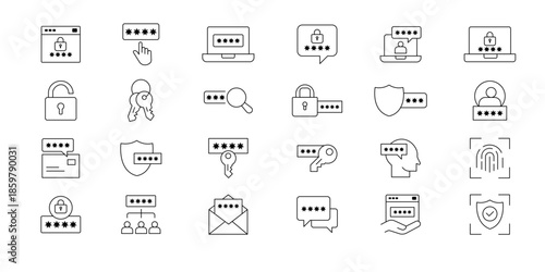 Digital security icons featuring password fields shields keys and network elements. Iconic cybersecurity representations of shield, lock, and password depicted using a minimalist line art