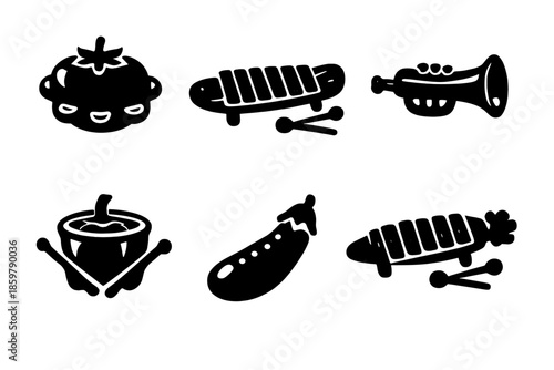 Garden Vegetable Instruments. Solid style icons of Garden Jam: tomato tambourine, cucumber marimba, zucchini trumpet, bell pepper