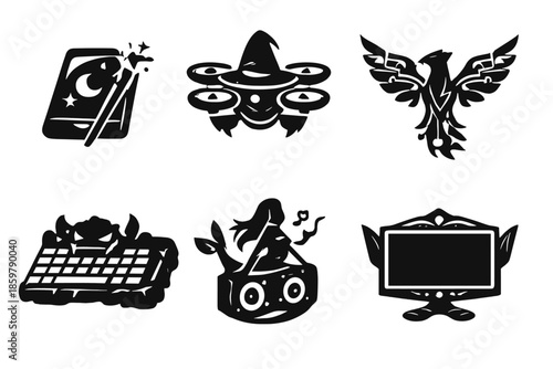Fantasy Tech Icons. Solid style icons of Fantasy Tech: wizard tablet, sorcerer drone, phoenix circuit, troll keyboard, mermaid