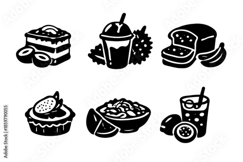 Exotic Plant Food Icons. Solid style icons of Exotic Plant Foods: coconut cake, durian smoothie, banana bread, dragonfruit tart,