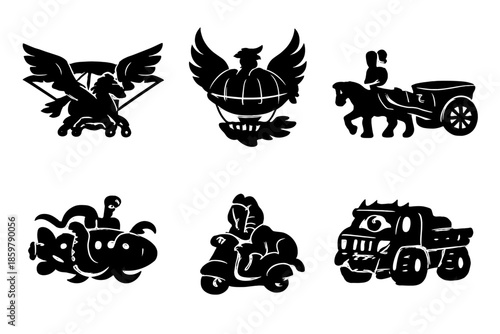 Fantasy Travel Icons. Solid style icons of Fantasy Travel: Pegasus glider, phoenix airship, centaur cart, kraken submarine, sphinx