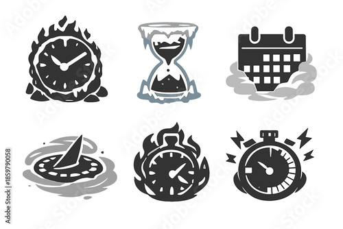 Elemental Time Icons. Solid style icons of Elemental Time: clock magma, hourglass frost, calendar mist, sundial sandstorm,