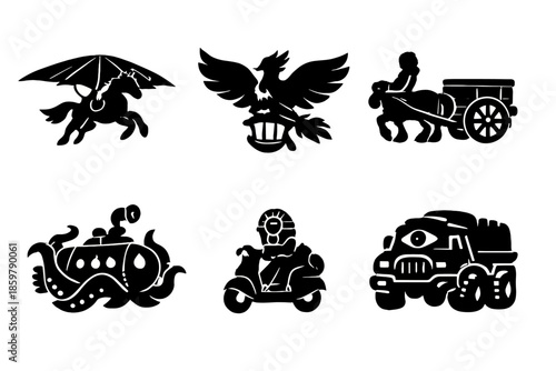 Fantasy Travel Icons. Solid style icons of Fantasy Travel: Pegasus glider, phoenix airship, centaur cart, kraken submarine, sphinx