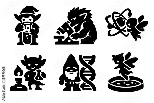 Folklore Science Icons. Solid style icons of Folklore Labs: elf test tube, troll microscope, sprite atom, imp Bunsen burner, gnome