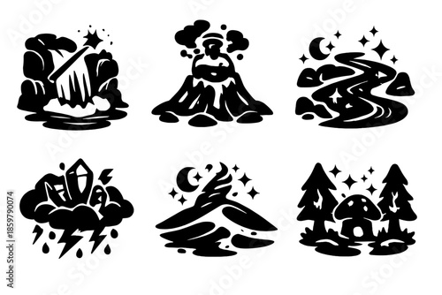 Magical Nature Icons. Solid style icons of Magical Nature: wand waterfall, potion volcano, spell river, crystal storm, enchanted