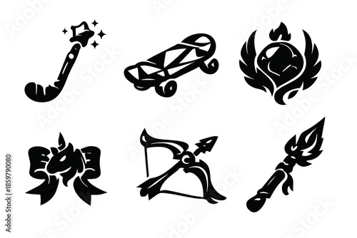 Legendary Sports Gear. Solid style icons of Legendary Sports Gear: wand hockey stick, crystal skateboard, phoenix ball, unicorn