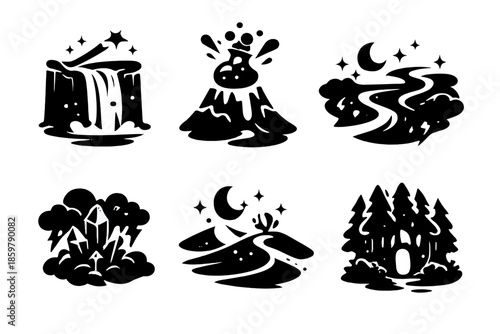 Magical Nature Icons. Solid style icons of Magical Nature: wand waterfall, potion volcano, spell river, crystal storm, enchanted