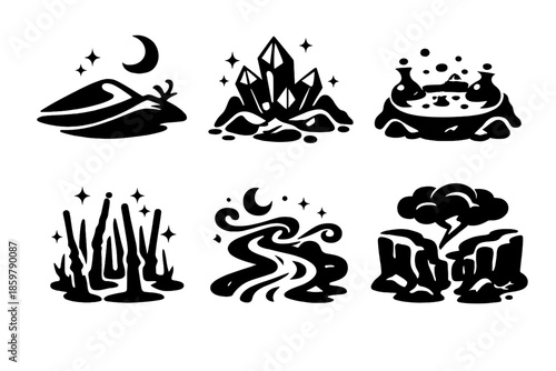 Mystic Terrain Icons. Solid style icons of Mystic Terrains: enchanted dune, crystal mountain, potion lake, wand forest, spell