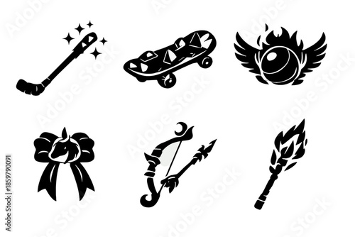 Legendary Sports Gear. Solid style icons of Legendary Sports Gear: wand hockey stick, crystal skateboard, phoenix ball, unicorn