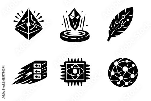 Next-Gen Tech Icons. Solid style icons of Next-Gen Technology: AI prism, hologram crystal, data feather, quantum chip, server
