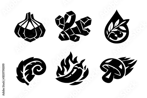 Culinary Icons Artistry. Solid style icons of Culinary Essentials: garlic bulb crystal, ginger root prism, olive branch droplet,