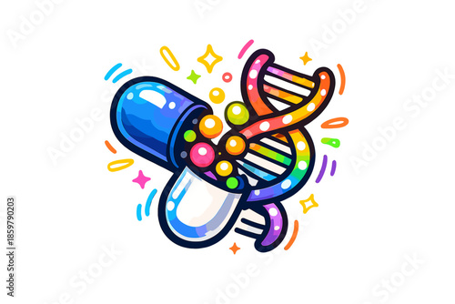Futuristic Vitamin Icon. Doodle-style vector icon of a futuristic vitamin code, capsule and DNA fused together, multicolor glow