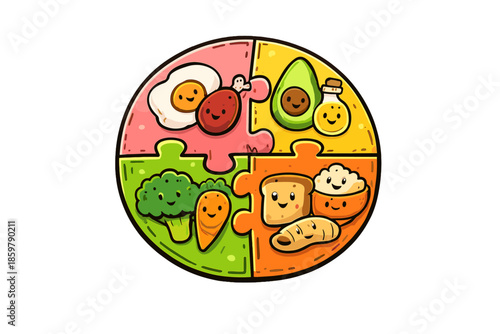 Nutrition Puzzle Plate. Doodle-style vector icon of a nutrition puzzle plate, protein, fats, carbs, and fiber shown as