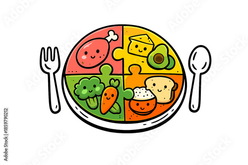 Nutrition Puzzle Plate. Doodle-style vector icon of a nutrition puzzle plate, protein, fats, carbs, and fiber shown as