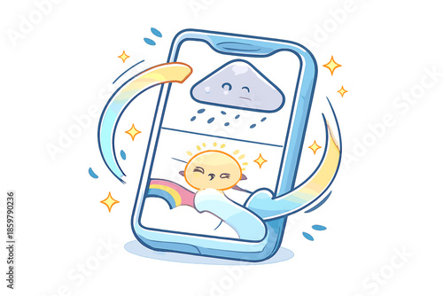 Mood Transition Icon. Doodle-style vector icon of a personal mood forecast, app screen transitioning from rain to sun, playful