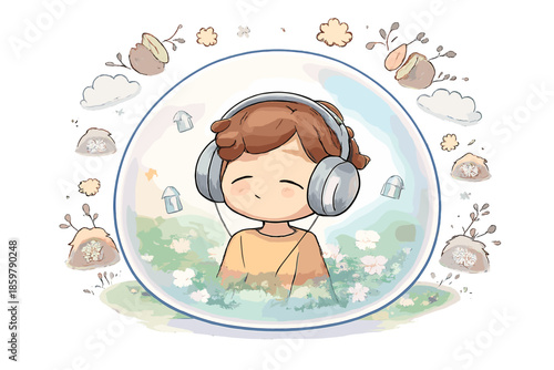 Peaceful Headphone Bubble. Doodle-style vector icon of a quiet moment in a noisy world, over-ear headphones on a smiling person,