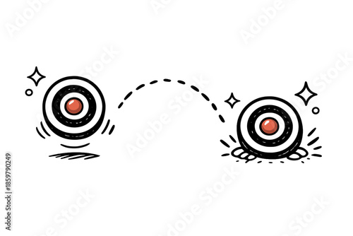 Hopping Bullseye Icon. Doodle-style vector icon of a responsive target, central bullseye hopping to a new spot, cute spark details