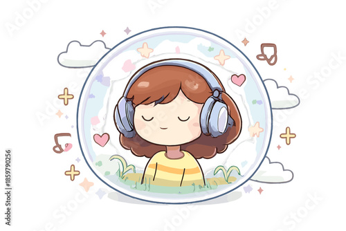 Peaceful Headphone Bubble. Doodle-style vector icon of a quiet moment in a noisy world, over-ear headphones on a smiling person,