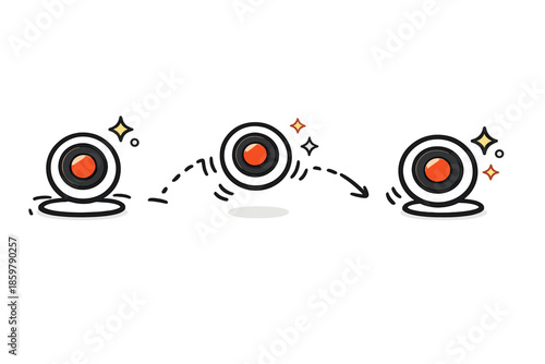 Hopping Bullseye Icon. Doodle-style vector icon of a responsive target, central bullseye hopping to a new spot, cute spark details