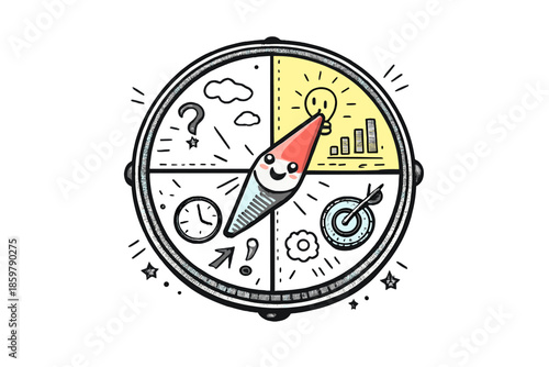 Priority Compass Doodle. Doodle-style vector icon of a quarterly priority compass, compass face divided into zones with one softly