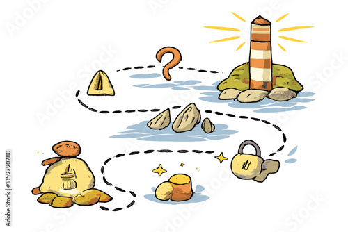 Doodle Financial Path. Doodle-style vector icon of a financial navigation path, obstacles labeled only by symbols guiding toward a