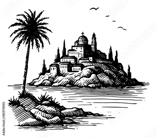 Coastal island town with church and palm tree. Ancient architecture on rock in sea vintage woodcut style vector.