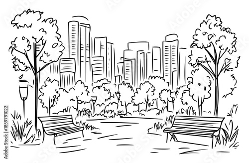 Urban park promenade with city skyline view. Walking path with benches and modern buildings vector sketch.