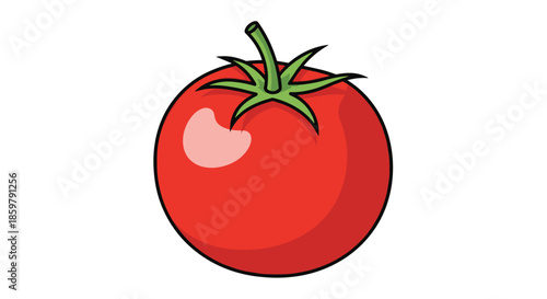 Fresh ripe red tomato illustration with green leafy stem on white background for food and cooking related projects.