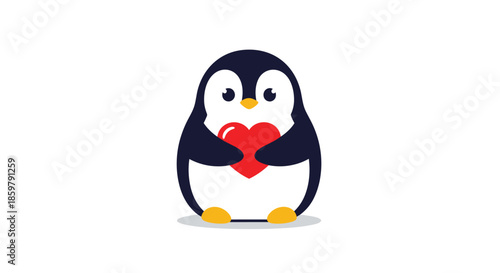 Adorable penguin character illustration holding a vibrant red heart in its wings on a plain white background for valentine day.