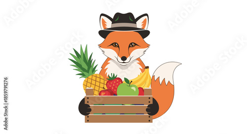 Fox wearing a stylish black hat holding a wooden crate filled with fresh tropical and temperate fruits for harvest.