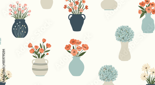 Elegant seamless pattern of various flower bouquets in blue and cream vases on a soft off white background.