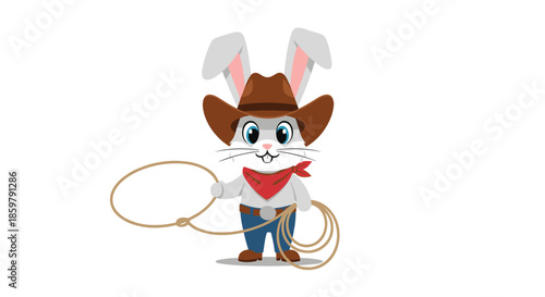 Cute rabbit character dressed as a western cowboy holding a lasso rope and wearing a brown hat and red bandana.