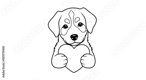 Cute puppy dog with patches over its eyes holding a large heart between its paws as a tender black and white line art coloring page.