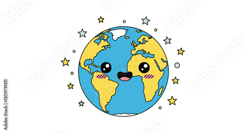Smiling cartoon planet earth character with pink cheeks surrounded by colorful stars and space dust on a clean white background.