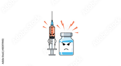 Personified medical syringe and a vial of vaccine with angry facial expressions standing together for a health or protest concept.