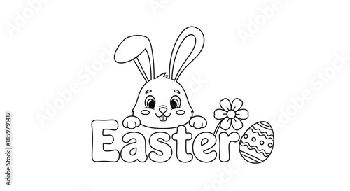 Cute Easter bunny with long ears peeking over a large bubbly text for a festive holiday coloring page with an egg and a flower.