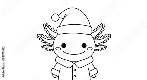 Festive little axolotl wearing a Santa hat and a warm winter coat as a simple black and white line art coloring page for kids.