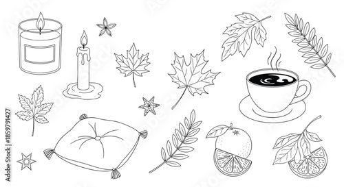 Collection of cozy autumn icons including a cup of coffee, leaves, a candle, and orange slices as a line art coloring page set.