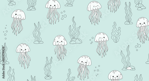 Serene underwater seamless pattern of cute jellyfish and long seaweeds in a simple line art style on a soft mint green background.