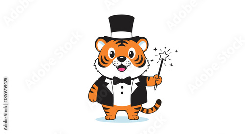 Charismatic tiger magician wearing a formal tuxedo and top hat holding a sparkling magic wand to perform a show for children.