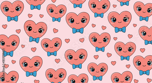 Sweet seamless pattern of pink heart characters wearing blue bow ties with various cute facial expressions on a light pink background.