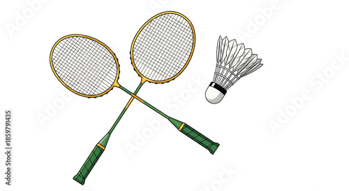 Two green and yellow badminton rackets with a white shuttlecock arranged on a clean white background for sports equipment.