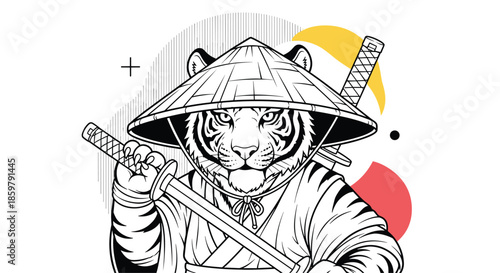 Brave tiger warrior dressed in traditional samurai armor with katanas and a conical hat on a stylish graphic background.