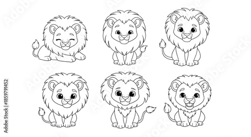 Six different cute lion cub characters in various sitting and lying positions shown as black and white line art for coloring.