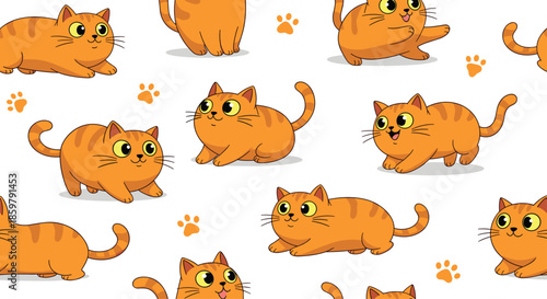 Colorful seamless pattern featuring multiple cute orange tabby cats in various playful poses over a clean white background.