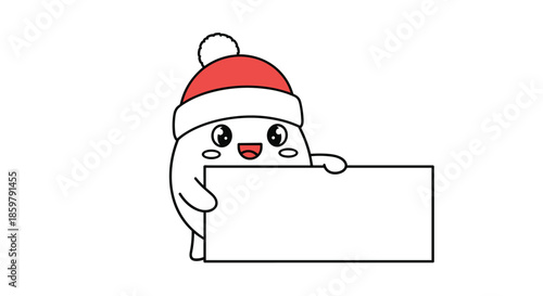 Adorable white round character wearing a red Christmas hat and holding a blank white sign for your custom message or text.