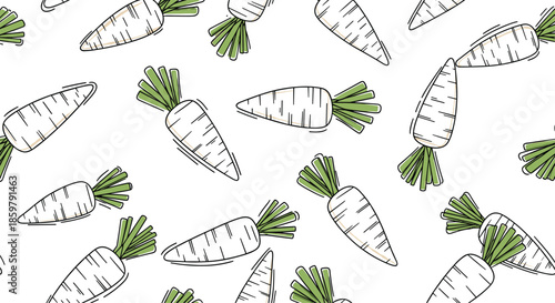 Healthy seamless pattern background featuring multiple white carrots with green leafy tops scattered on a white background.