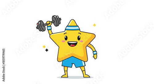 Athletic yellow star character wearing a headband and shorts while lifting a heavy dumbbell for a fitness workout theme.